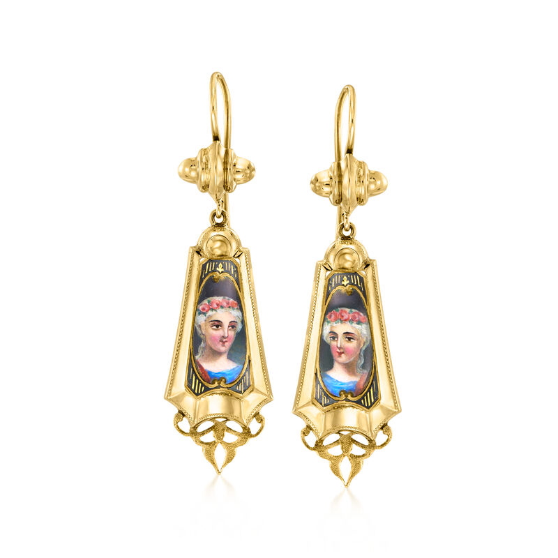 C. 1920 Vintage Painted Portrait Drop Earrings with Enamel in 14kt Yellow Gold image number 0