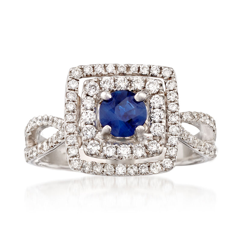 C. 1990 Vintage 1.00 ct. t.w. Diamond and .45 Carat Sapphire  Halo Ring in 18kt White Gold image number 0