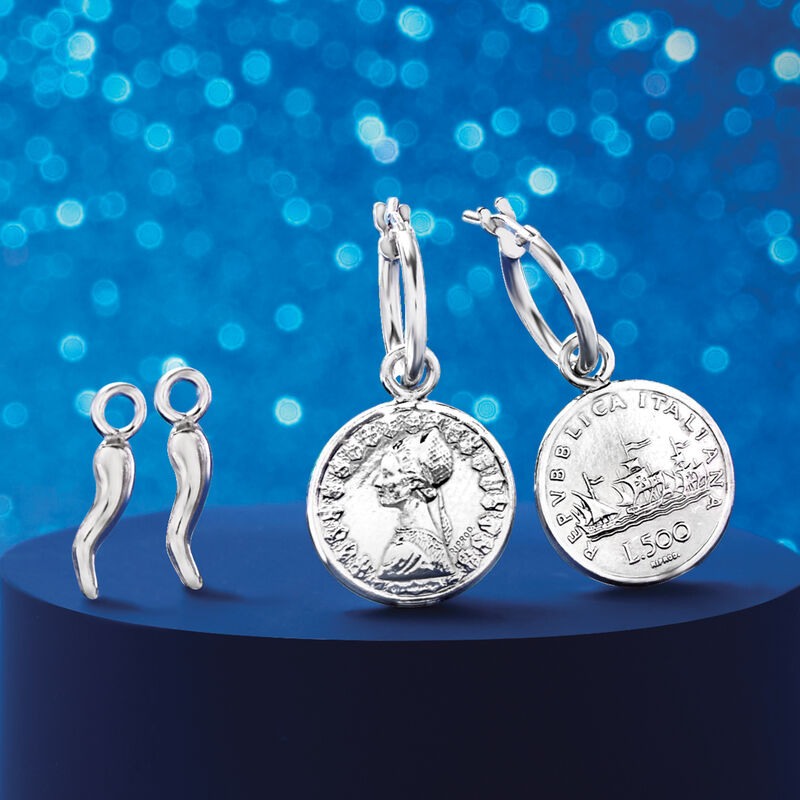 Sterling Silver Jewelry Set: 1.5mm Hoop Earrings with Italian Horn and Replica 500-Lira Coin Charms  image number 7