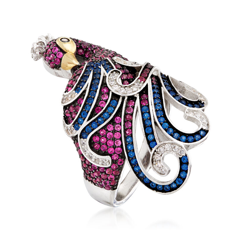 Simulated Gemstone and .30 ct. t.w. CZ Peacock Ring in Sterling Silver image number 2