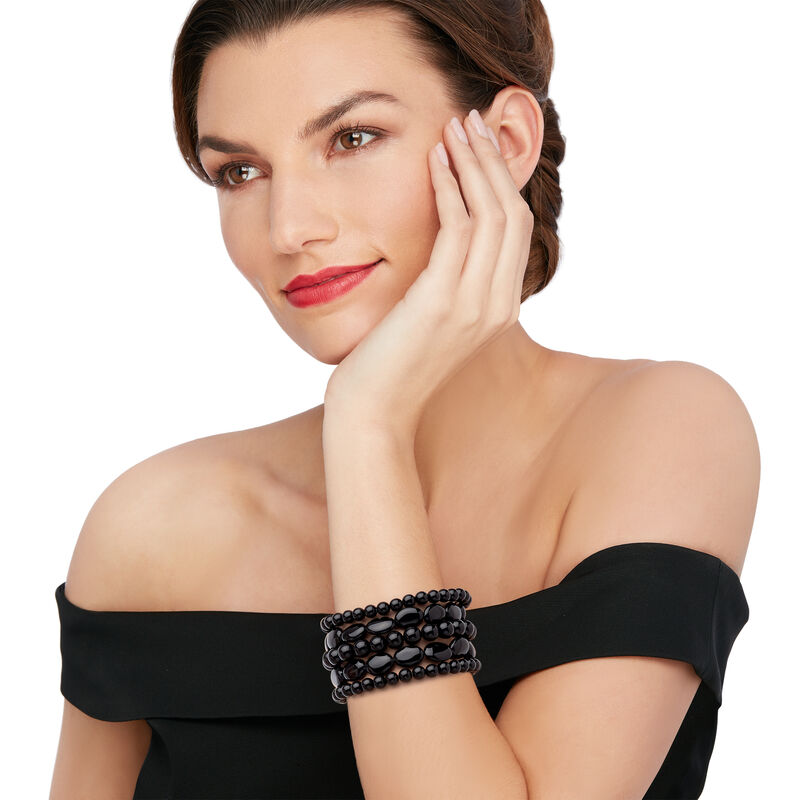 Black Agate Jewelry Set: Five Bead Stretch Bracelets image number 1