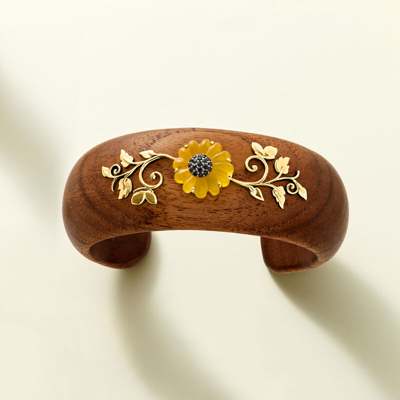 Wooden Sunflower Cuff Bracelet with Yellow Chalcedony, .20 ct. t.w. Black Spinels and 18kt Gold Over Sterling image number 2
