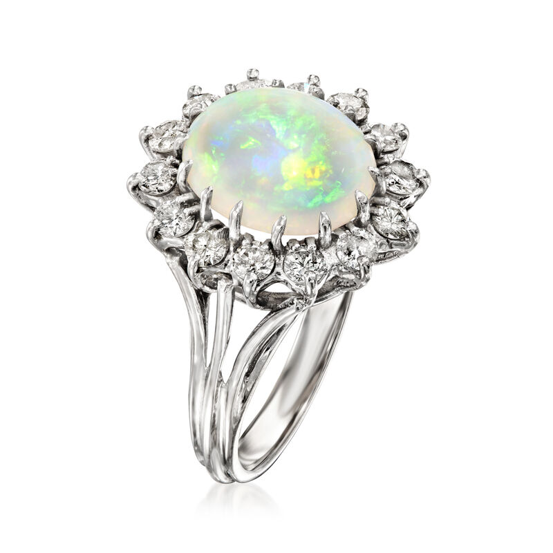 C. 1970 Vintage Opal Ring with 1.00 ct. t.w. Diamonds in 14kt White Gold. Size 7 image number 2
