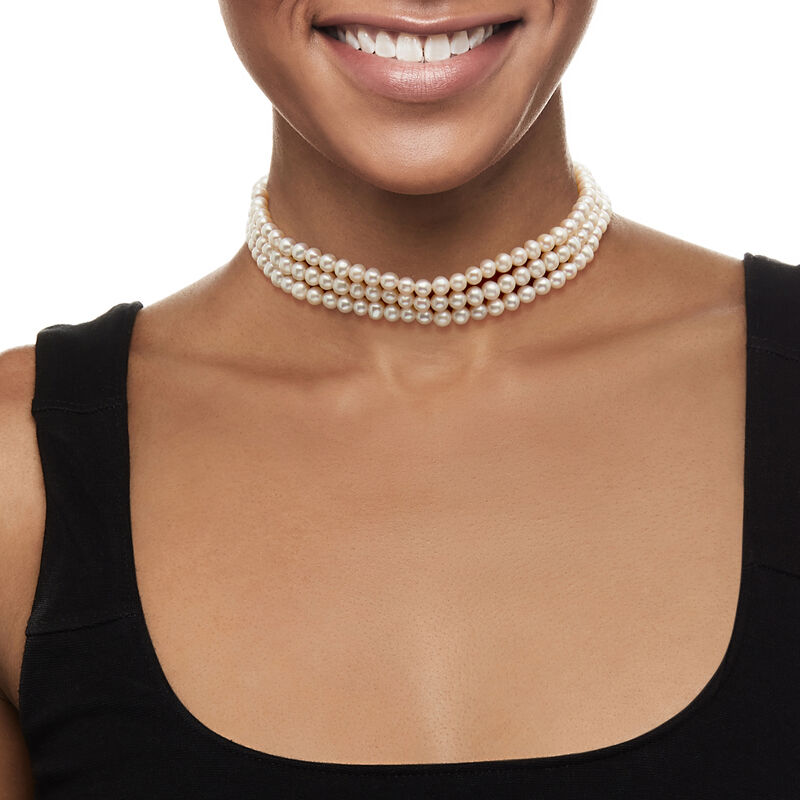 5-6mm Cultured Pearl Three-Row Choker Necklace in Sterling Silver. 14&quot; image number 0