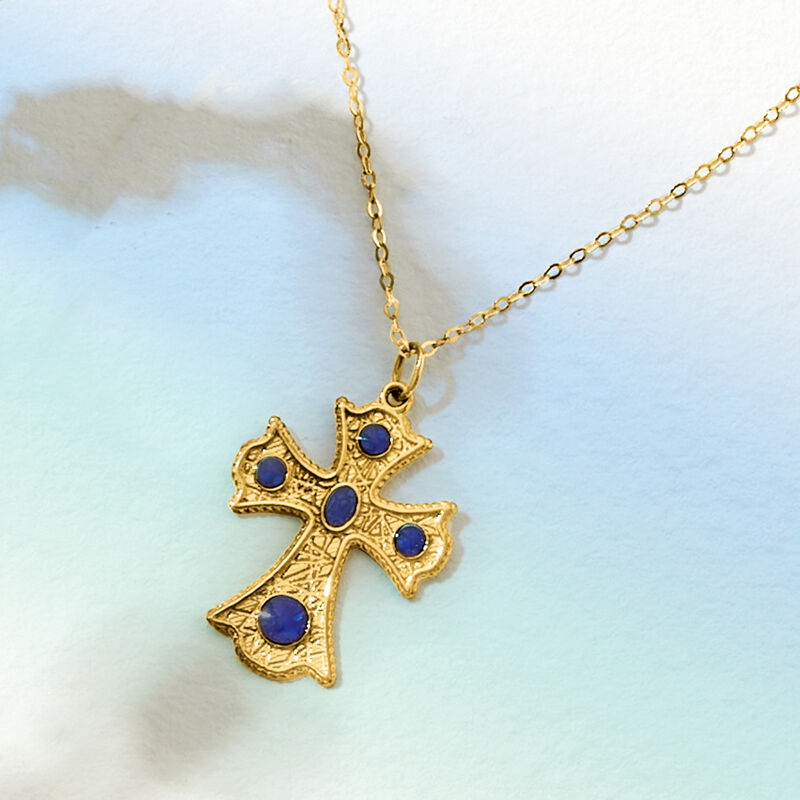 Italian 14kt Yellow Gold Celtic Cross Pendant Necklace with Blue Enamel image number 2