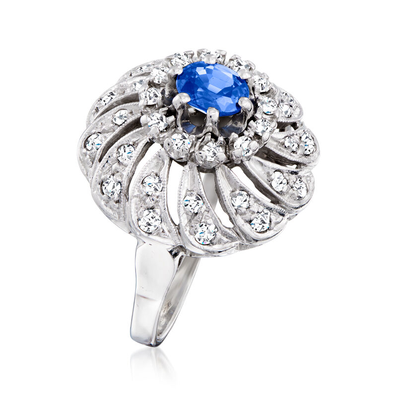 C. 1970 Vintage .85 Carat Sapphire and .85 ct. t.w. Diamond Swirl Cocktail Ring in 14kt White Gold. Size 7 image number 2