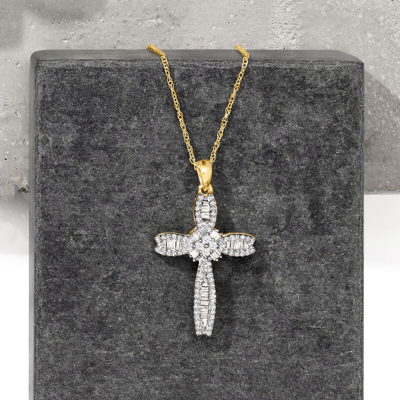 .40 ct. t.w. Baguette and Round Diamond Cross Pendant Necklace in 14kt Yellow Gold image number 2
