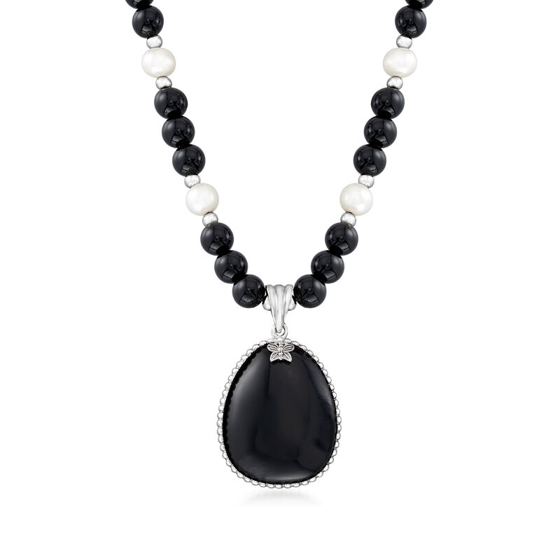 6-6.5mm Cultured Pearl and Onyx Bead Pendant Necklace in Sterling Silver image number 0