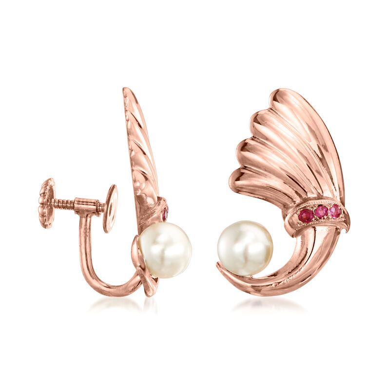 C. 1940 Vintage 5.5mm Cultured Pearl Swirl Earrings with Ruby Accents in 14kt Rose Gold image number 2