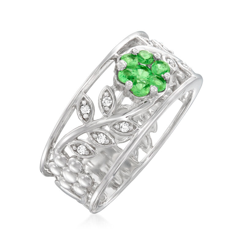 C. 1990 Vintage .35 ct. t.w. Tsavorite Flower Ring with Diamonds in 9kt White Gold image number 2