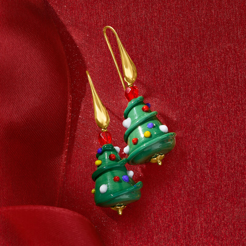 Italian Murano Glass Christmas Tree Drop Earrings in 18kt Gold Over Sterling image number 2