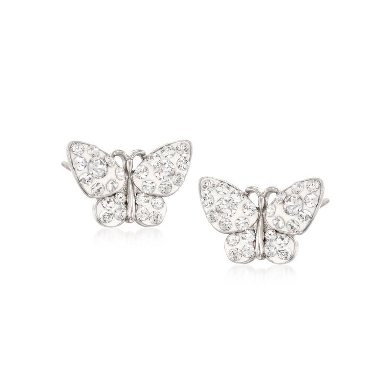 Crystal and White Enamel Butterfly Stud Earrings in Sterling Silver image number 0