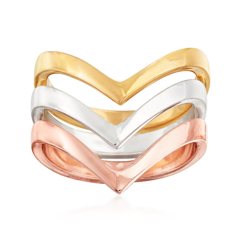 Italian Tri-Colored Sterling Silver Jewelry Set: Three Chevron Rings image number 0