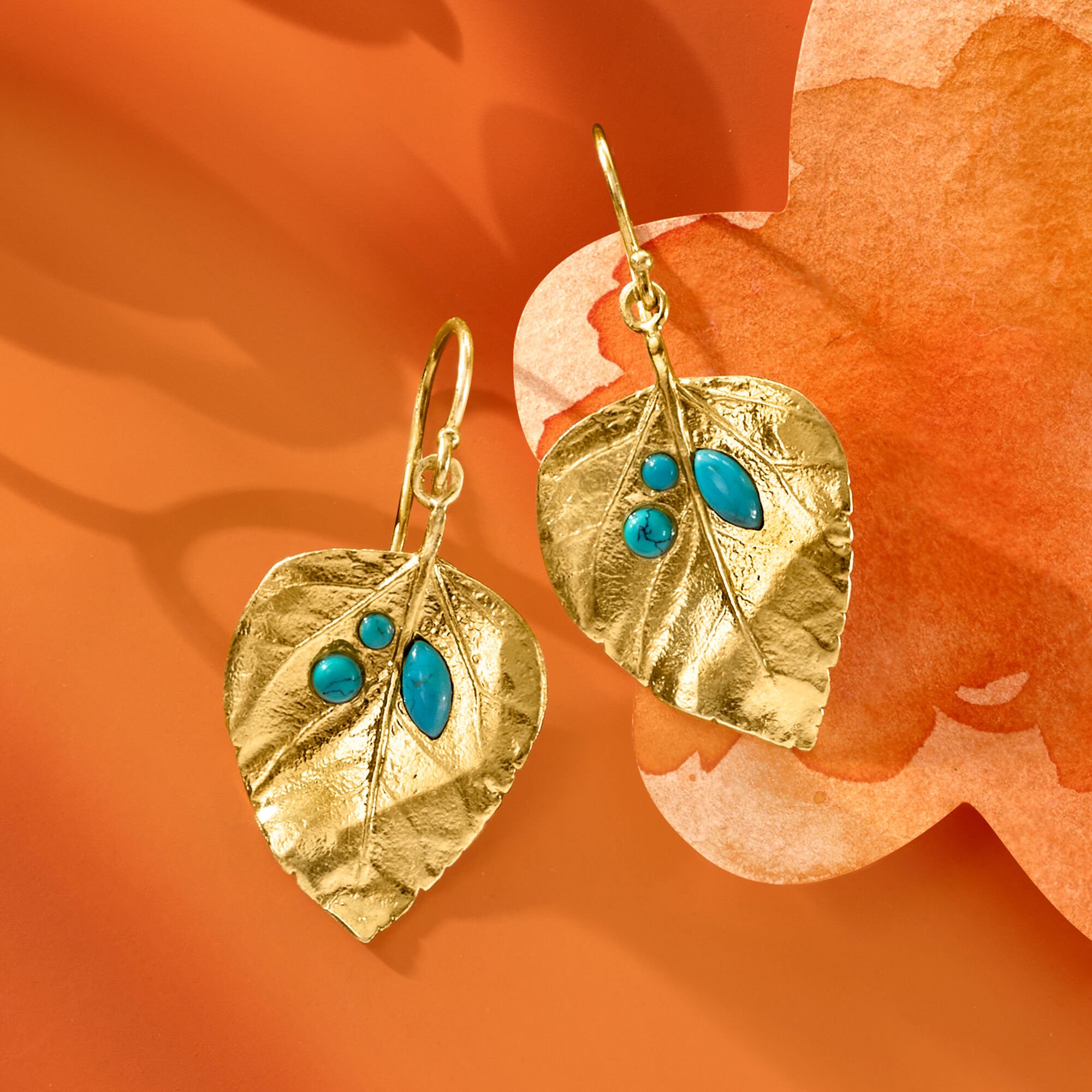 Turquoise and 18kt Gold Over Sterling Leaf Drop Earrings