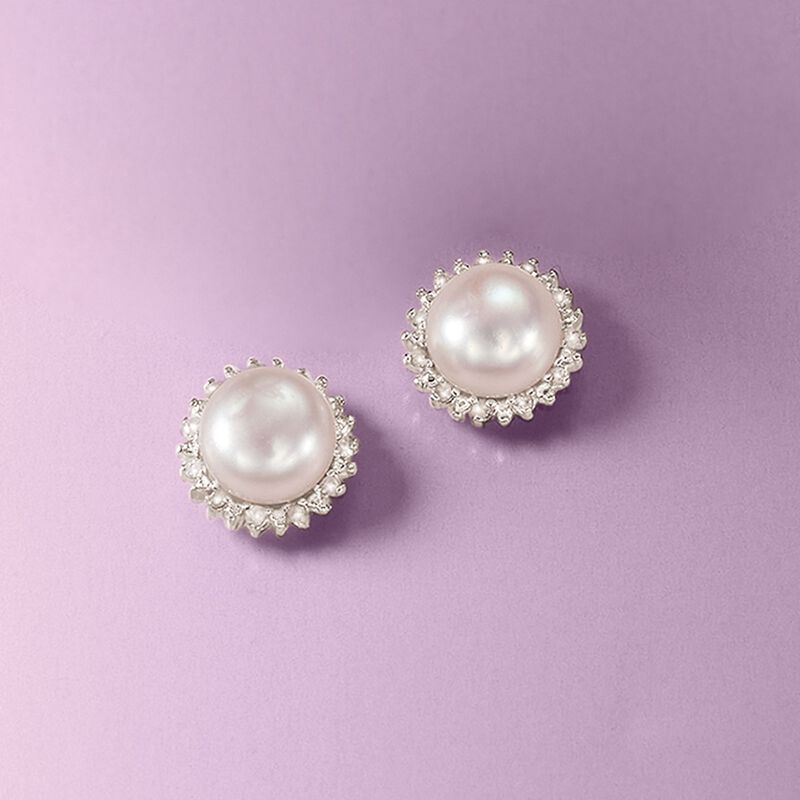 7-7.5mm Cultured Button Pearl and .13 ct. t.w. Diamond Stud Earrings in Sterling Silver image number 2