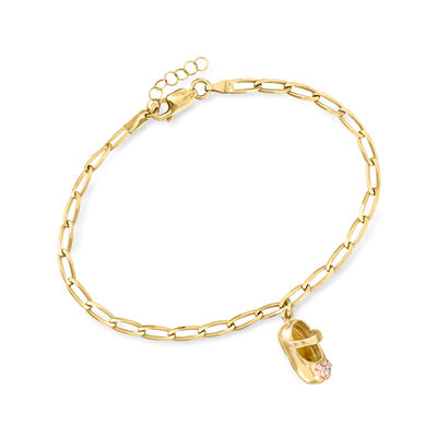 C. 1960 Vintage 14kt Yellow Gold Baby Girl Shoe Charm Bracelet with Single Diamond