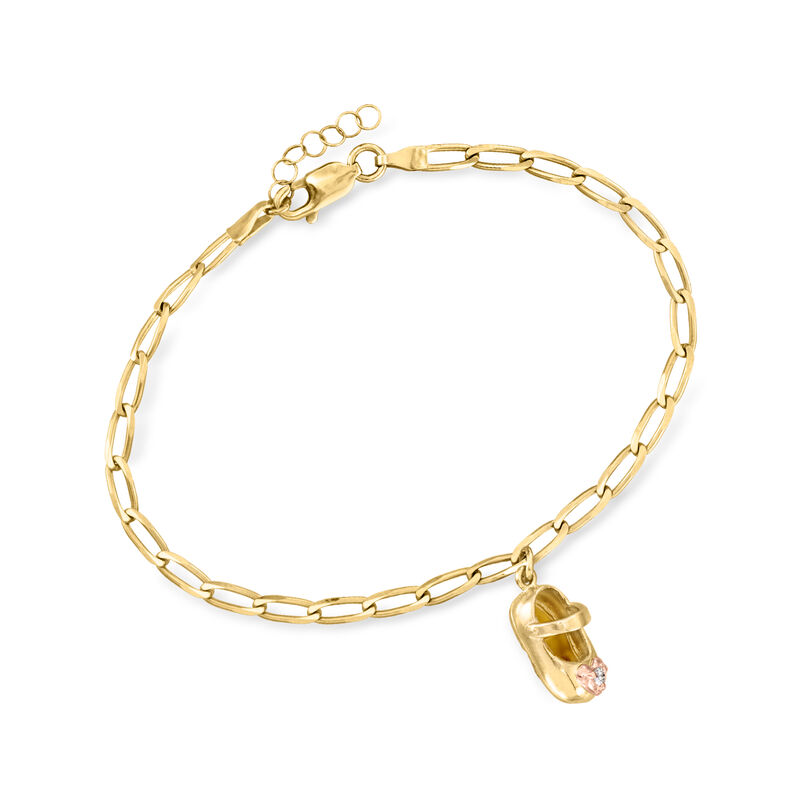 C. 1960 Vintage 14kt Yellow Gold Baby Girl Shoe Charm Bracelet with Single Diamond  image number 0