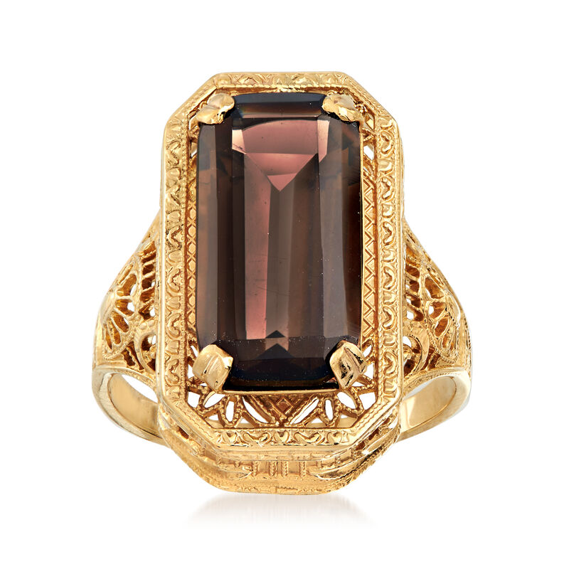 C. 1980 Vintage 4.75 Carat Smoky Quartz  Filigree Ring in 10kt Yellow Gold image number 0