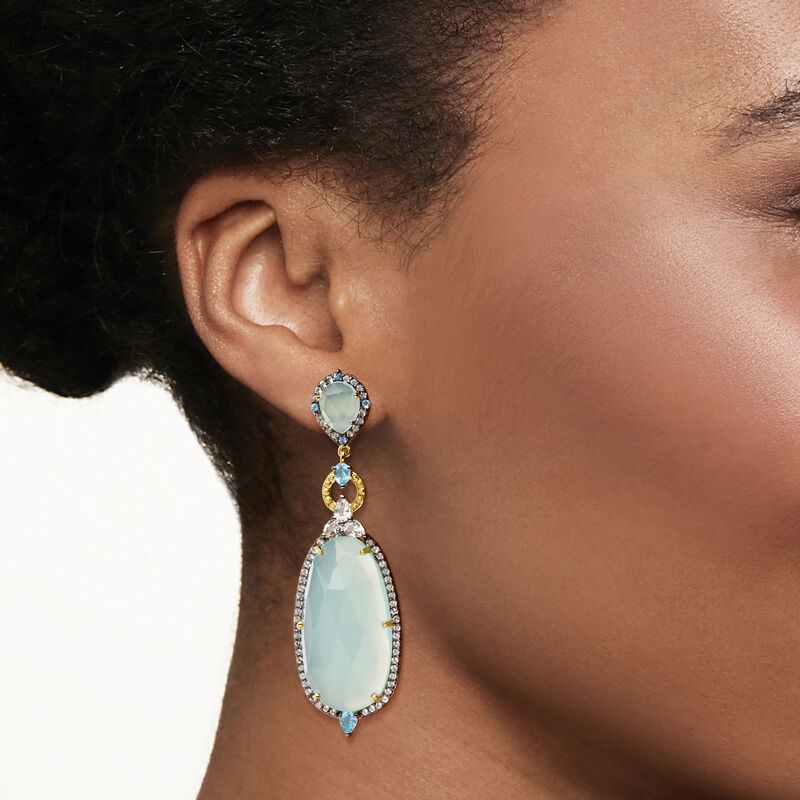 Blue Chalcedony and White Topaz Dangle Earrings Rhodium on Sterling Silver