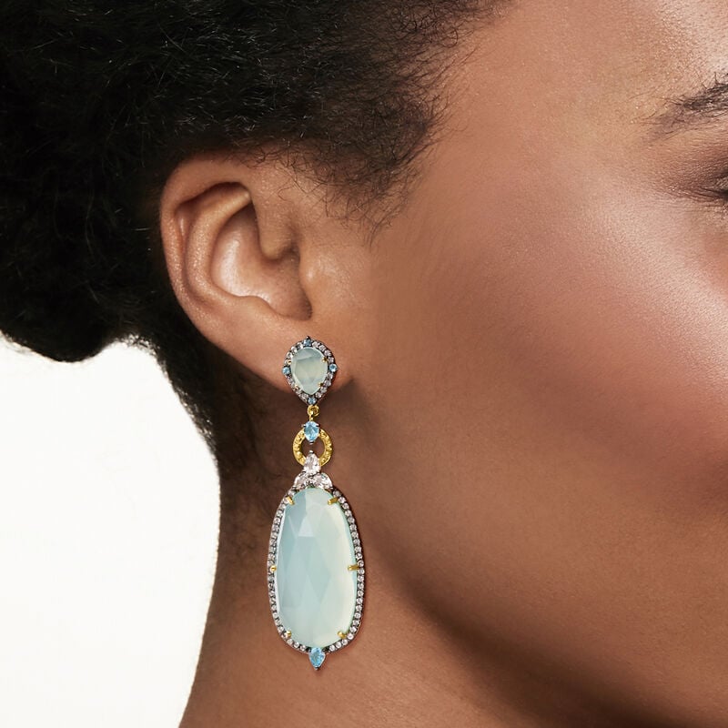 Blue Chalcedony and White Topaz Dangle Earrings Rhodium on Sterling Silver Blue Chalcedony and White Topaz Dangle Earrings Rhodium on Sterling Silver
