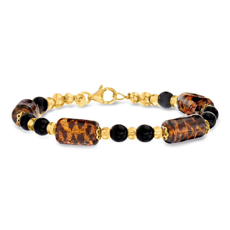 Italian Leopard-Print Murano Glass Bead Bracelet in 18kt Gold Over Sterling. 7" image number 0