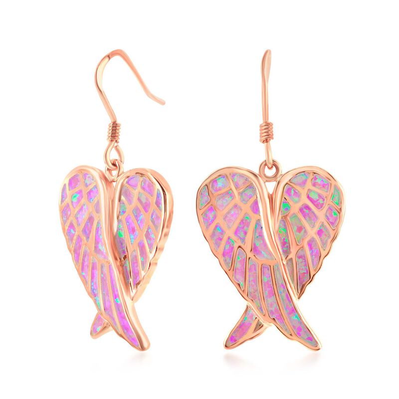 Pink Synthetic Opal Angel Wings Drop Earrings in 18kt Rose Gold Over Sterling image number 2