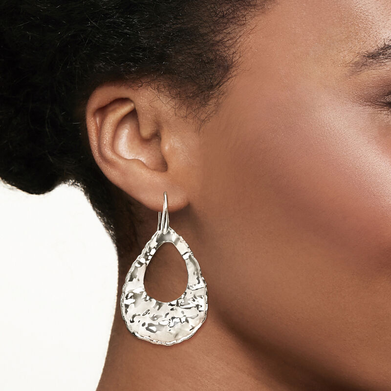 Italian Sterling Silver Hammered and Polished Open-Space Teardrop Earrings image number 1