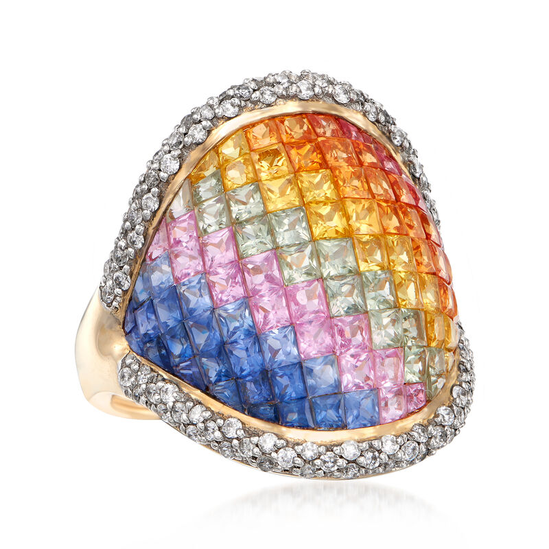 3.20 ct. t.w. Rainbow Sapphire and .43 ct. t.w. Diamond Ring in 14kt Yellow Gold image number 3