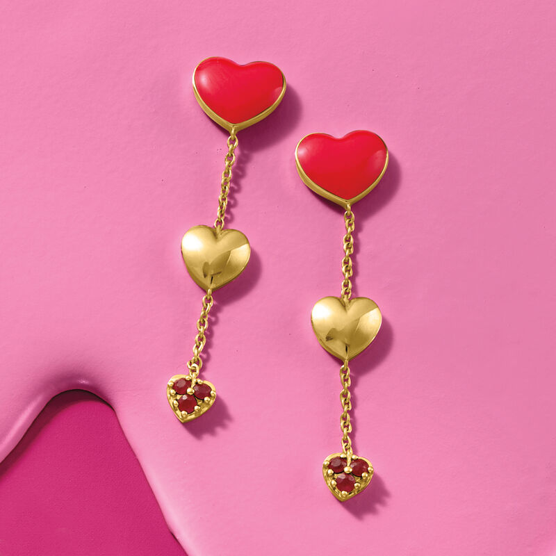 .20 ct. t.w. Ruby and Red Enamel Heart Drop Earrings in 18kt Gold Over Sterling  image number 2