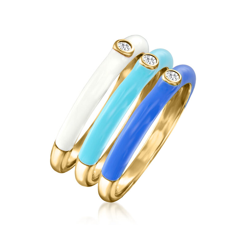 CZ and Multicolored Enamel Jewelry Set: Three Stackable Rings in 18kt ...