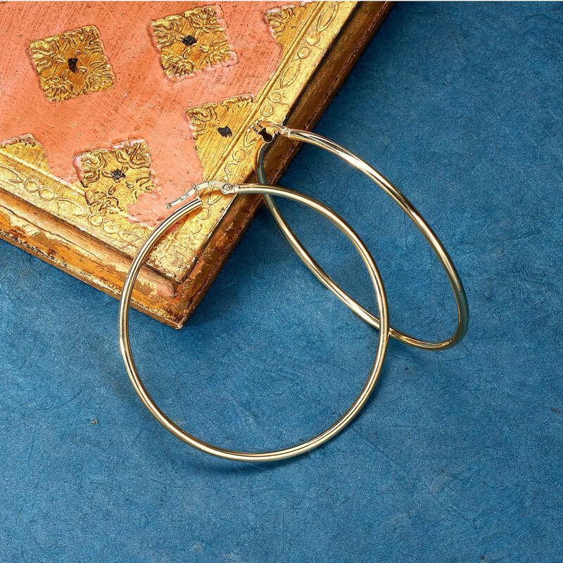 Italian 2mm 18kt Yellow Gold Large Hoop Earrings. 2 1/8&quot; image number 2