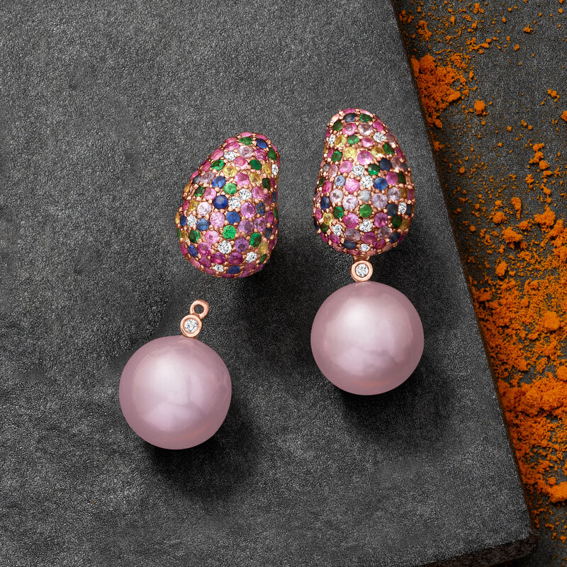12-13mm Pink Cultured Pearl, 3.80 ct. t.w. Multi-Gemstone and .28 ct. t.w. Diamond Removable Drop Earrings in 18kt Rose Gold  image number 2