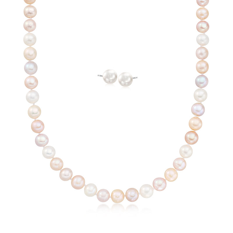 9-9.5mm Multicolored Cultured Pearl Jewelry Set: Necklace and Stud Earrings with Sterling Silver image number 0