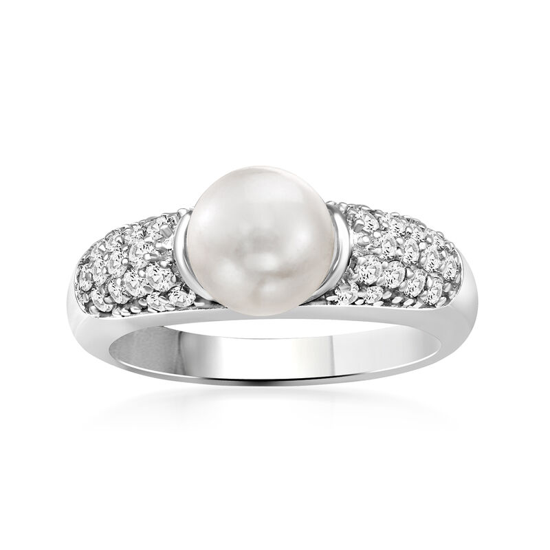 7.5-8mm Cultured Pearl and .49 ct. t.w. Diamond Ring in 14kt White Gold. Size 8 image number 0