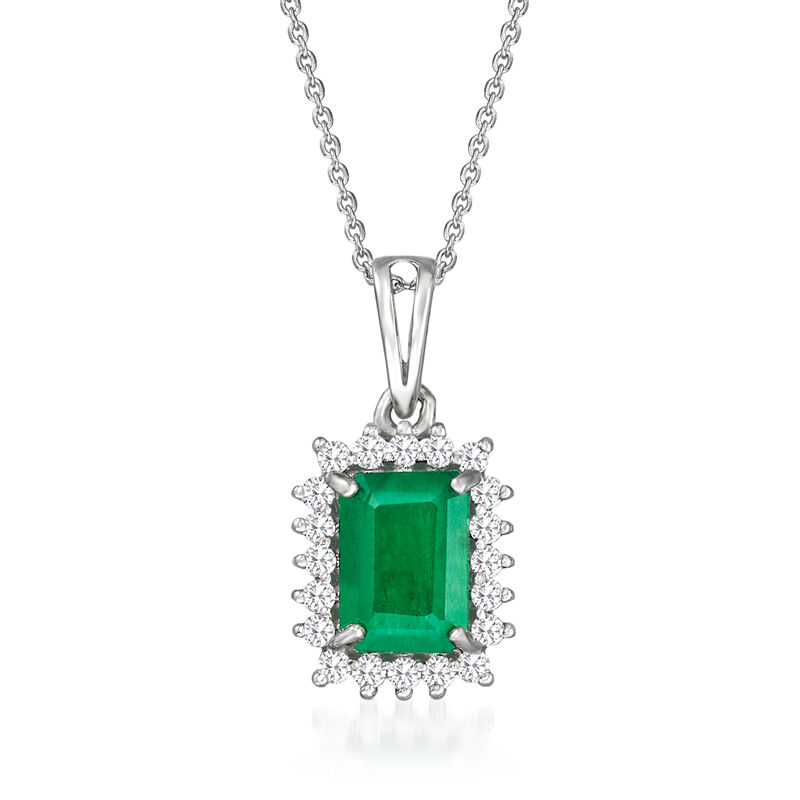 1.10 Carat Emerald and .17 ct. t.w. Diamond Pendant Necklace in 14kt White Gold. 18&quot; image number 1