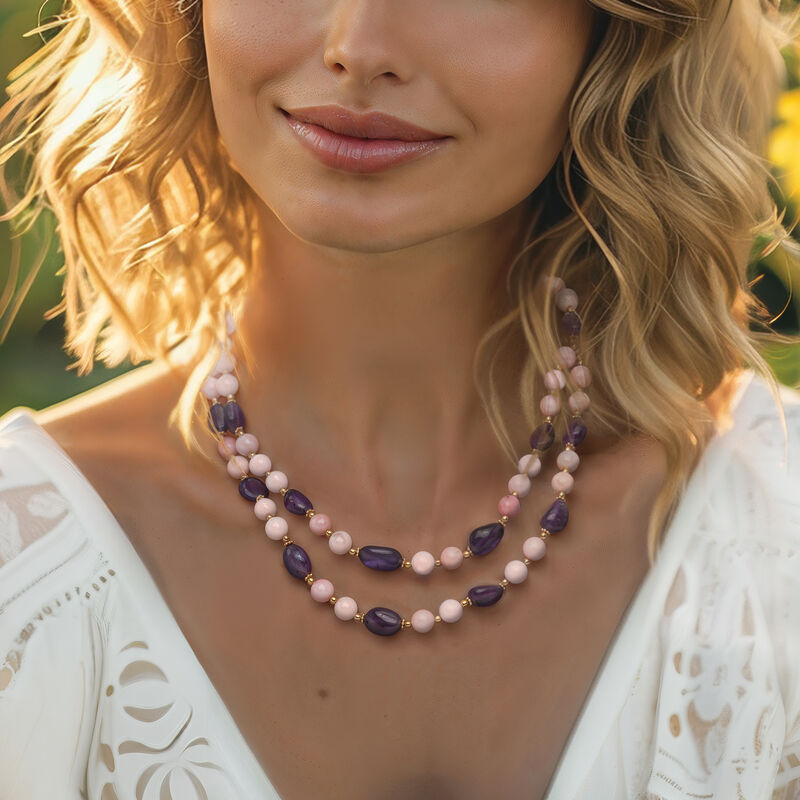 Pink Opal and 85.00 ct. t.w. Amethyst Bead Necklace with 18kt Gold Over Sterling. 18&quot; image number 2