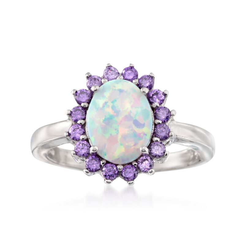 Simulated Opal and Simulated Amethyst Oval Ring in Sterling Silver image number 0
