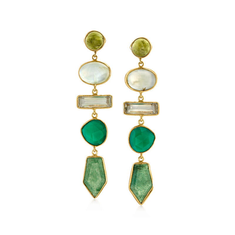 Multi-Gemstone and 5.25 ct. t.w. Prasiolite Drop Earrings in 18kt Gold Over Sterling  image number 0