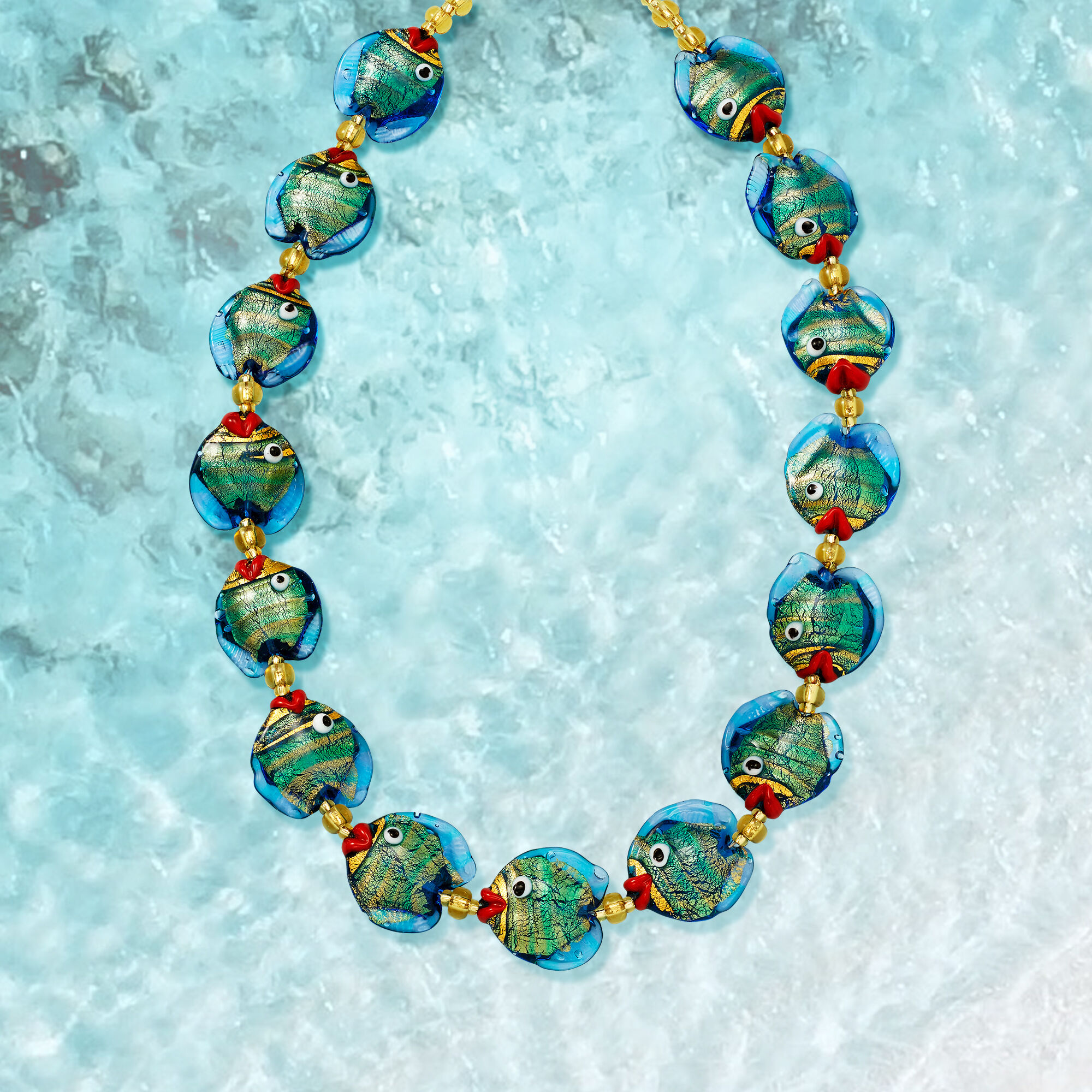 Italian Multicolored Murano Glass Fish Necklace with 18kt Gold
