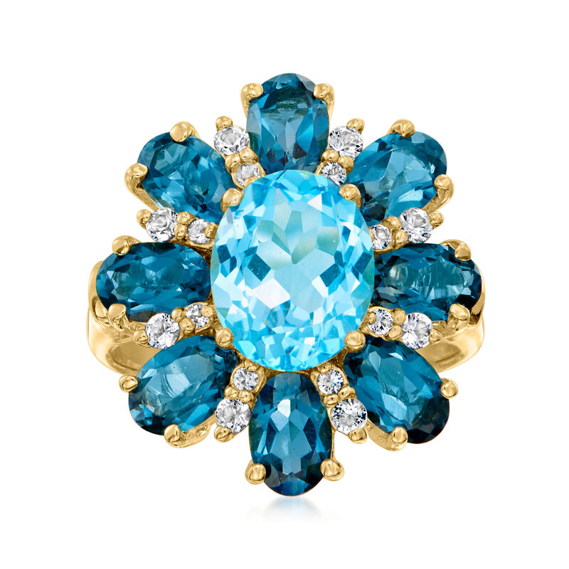 3.20 Carat Swiss Blue Topaz and 4.40 ct. t.w. London Blue Topaz Ring with .40 ct. t.w. White Topaz in 18kt Gold Over Sterling image number 0