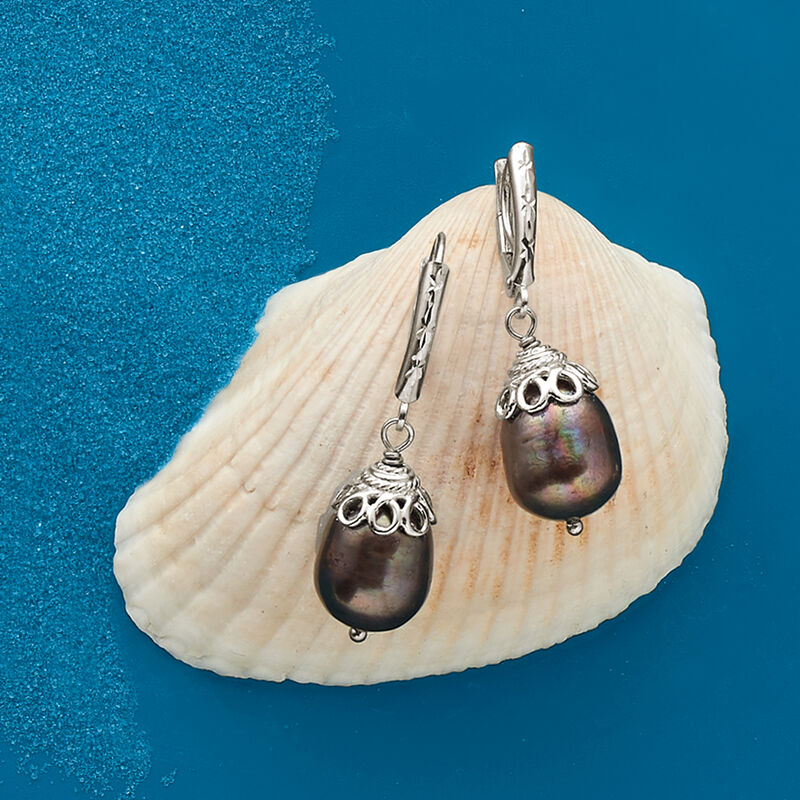 10-11mm Black Cultured Pearl Drop Earrings in Sterling Silver image number 2