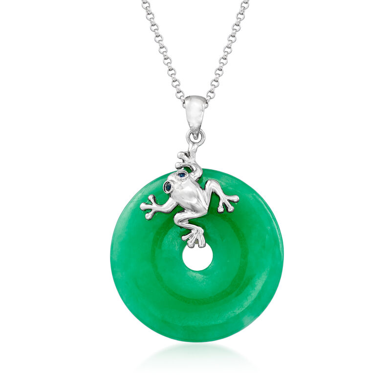 Jade Frog Pendant Necklace with Sapphire Accents in Sterling Silver image number 0