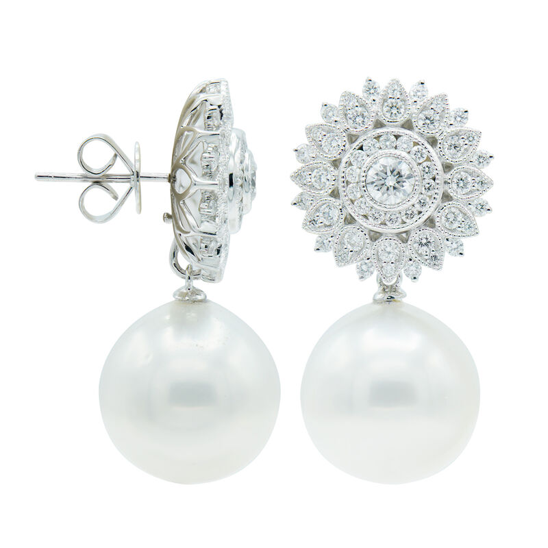 14-15mm Cultured South Sea Pearl and .16 ct. t.w. Diamond Drop Earrings in 18kt White Gold image number 1
