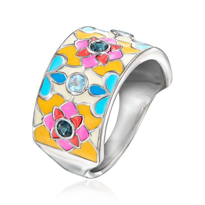 .30 ct. t.w. Swiss and London Blue Topaz Floral Ring with Multicolored Enamel in Sterling Silver image number 2