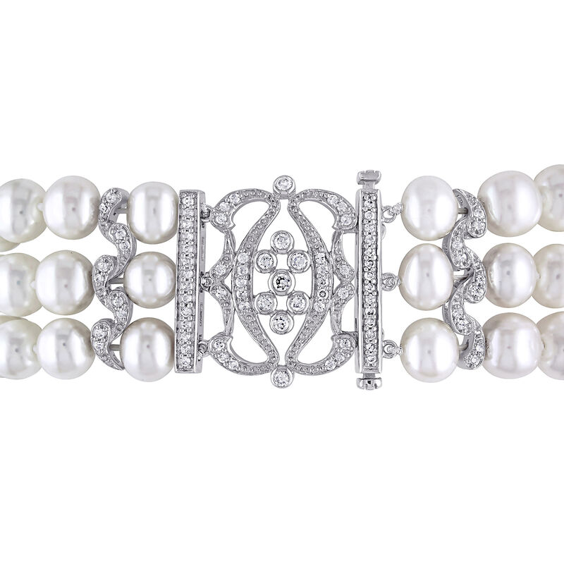 7-8mm Cultured Pearl and .85 ct. t.w. CZ Multi-Row Bracelet with Sterling Silver. 7&quot; image number 2