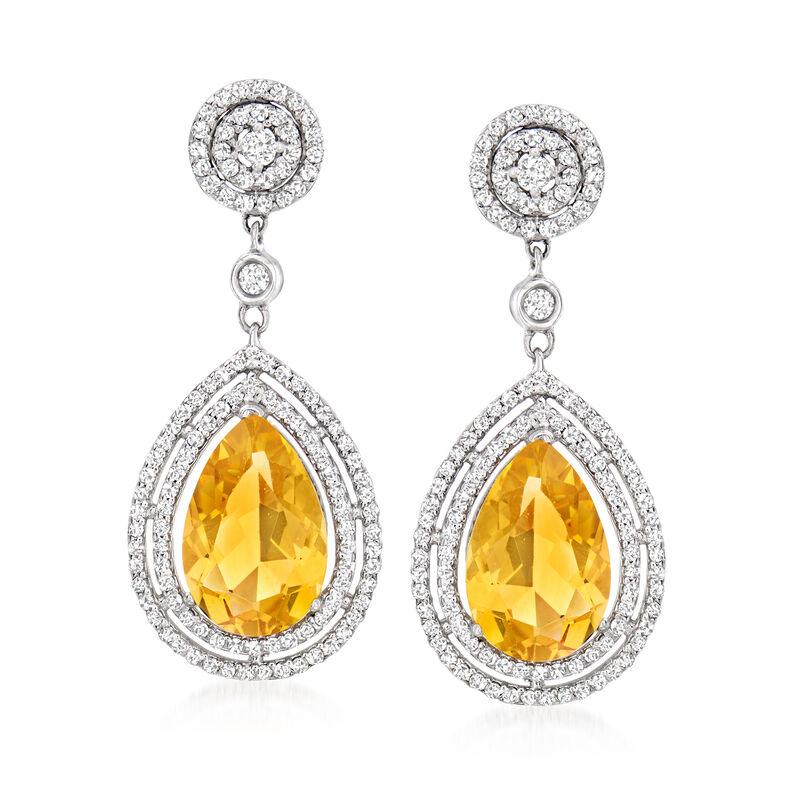 8.00 ct. t.w. Citrine and 1.55 ct. t.w. Diamond Pear-Shaped Drop Earrings in 14kt White Gold image number 0