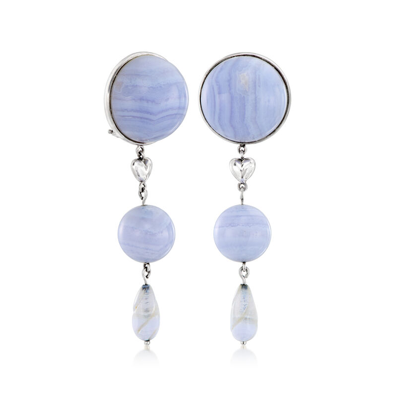 C. 1990 Vintage Blue Lace Agate Drop Earrings in 18kt White Gold image number 2