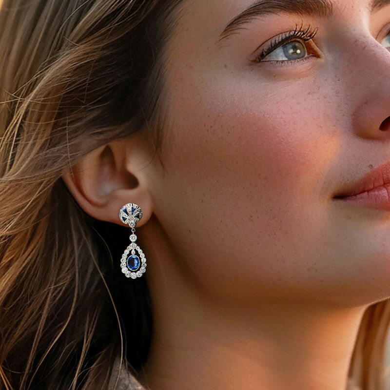 C. 2000 Vintage 2.20 ct. t.w. Sapphire and 1.55 ct. t.w. Diamond Double-Drop Earrings in 18kt White Gold image number 1