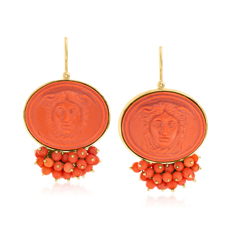 Italian Tagliamonte Red Coral and Venetian Glass Medusa Drop Earrings in 18kt Gold Over Sterling image number 0