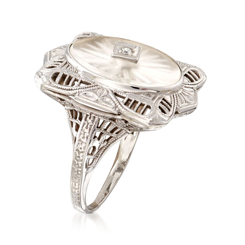 C. 1950 Vintage Rock Crystal Filigree Ring with Diamond Accents in 14kt White Gold. Size 4 image number 2